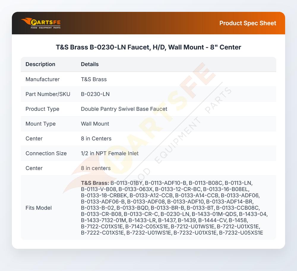T&S Brass B-0230-LN Faucet, H/D, Wall Mount - 8" Center