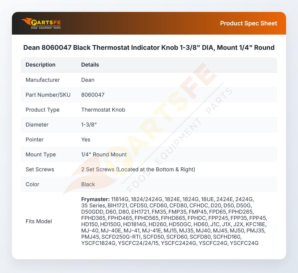 Dean 8060047 Fryer Thermostat Indicator Knob Black