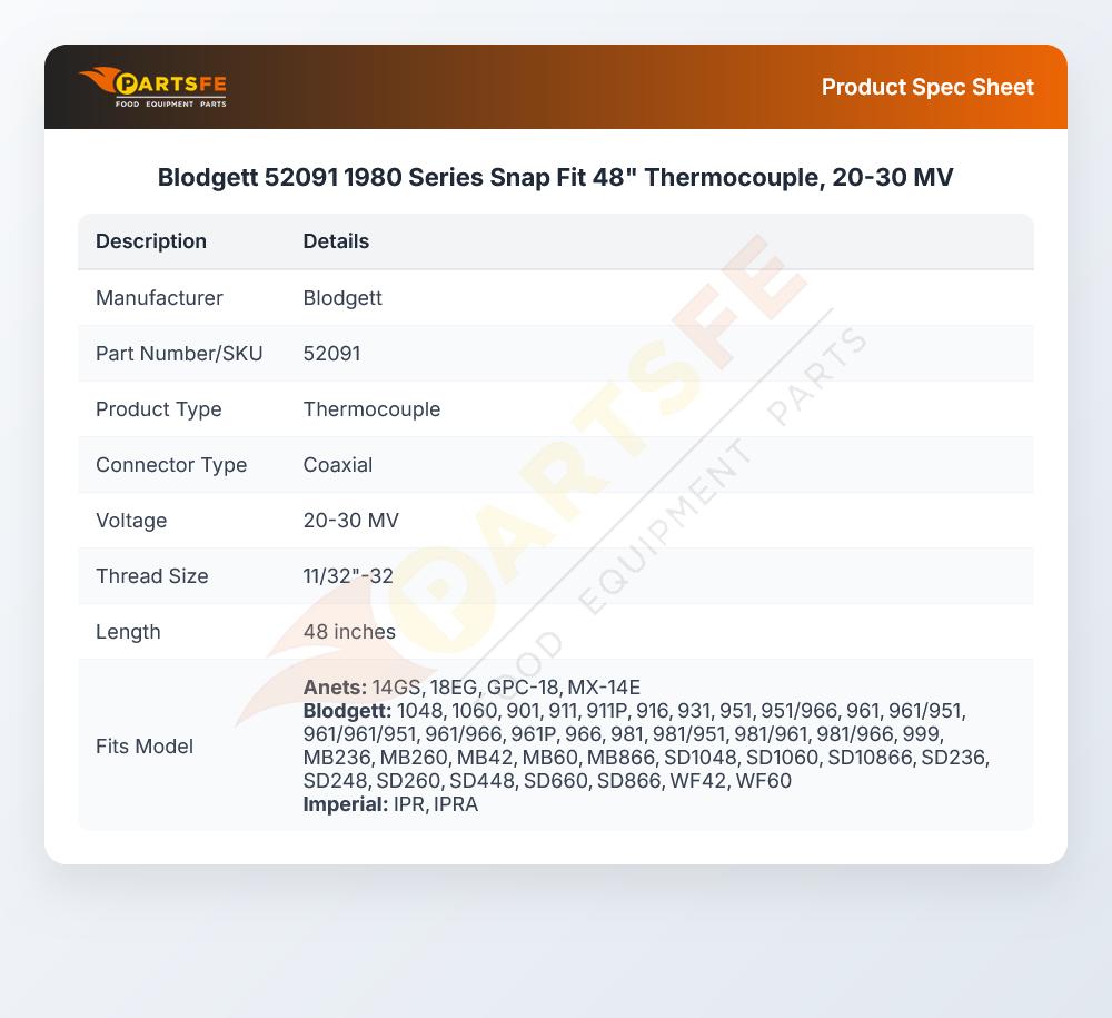 Blodgett 52091 Oven Thermocouple Snap Fit 48" 20-30mV 1980 Series