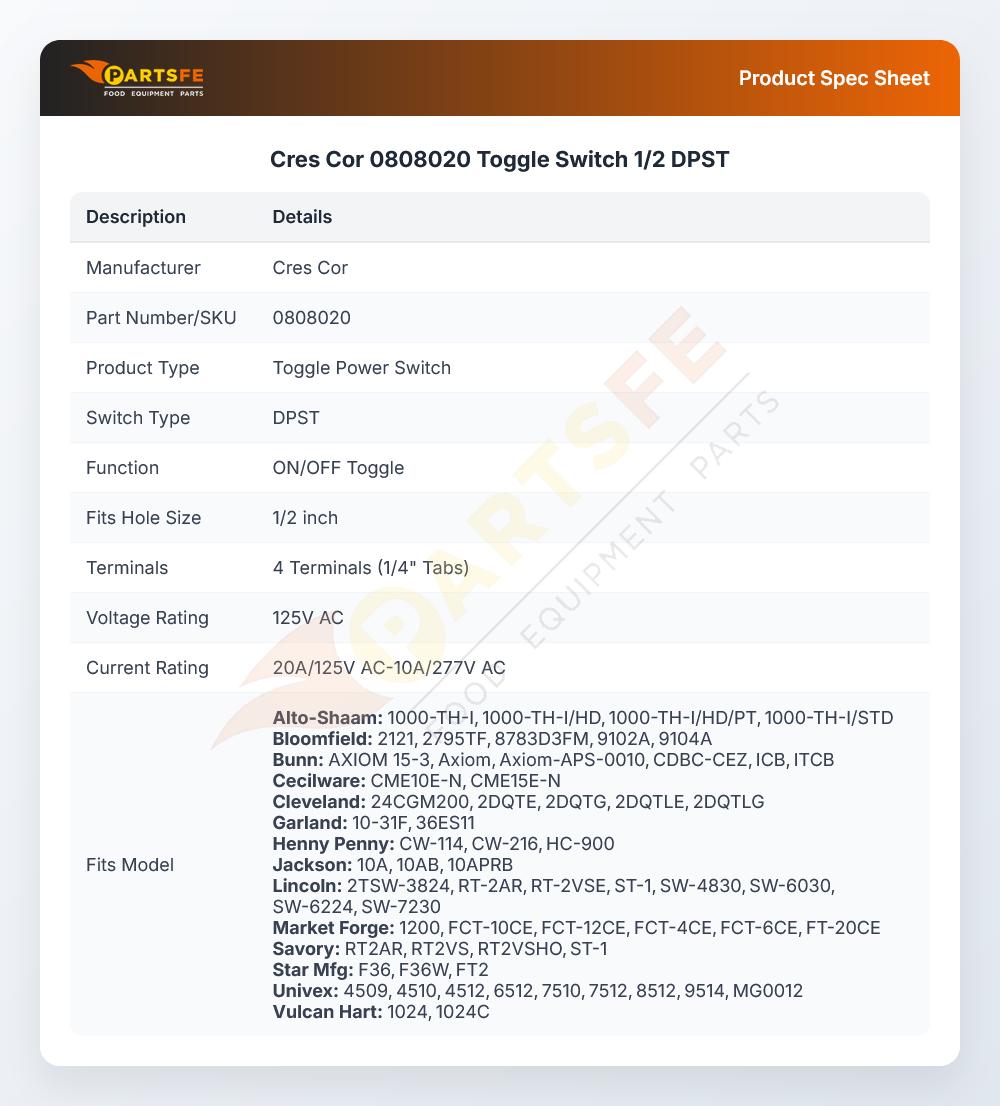 Cres Cor 0808020 Toggle Switch 1/2 DPST