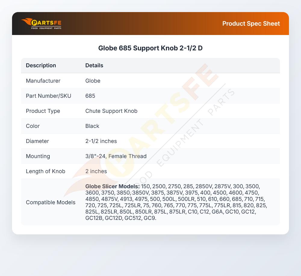 Globe 685 Slicing Machine Support Knob 2-1/2 D