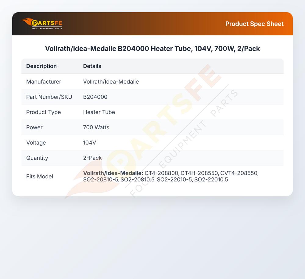 Vollrath/Idea-Medalie B204000 Oven Quartz Heater Tube 700W 104V 2-Pack