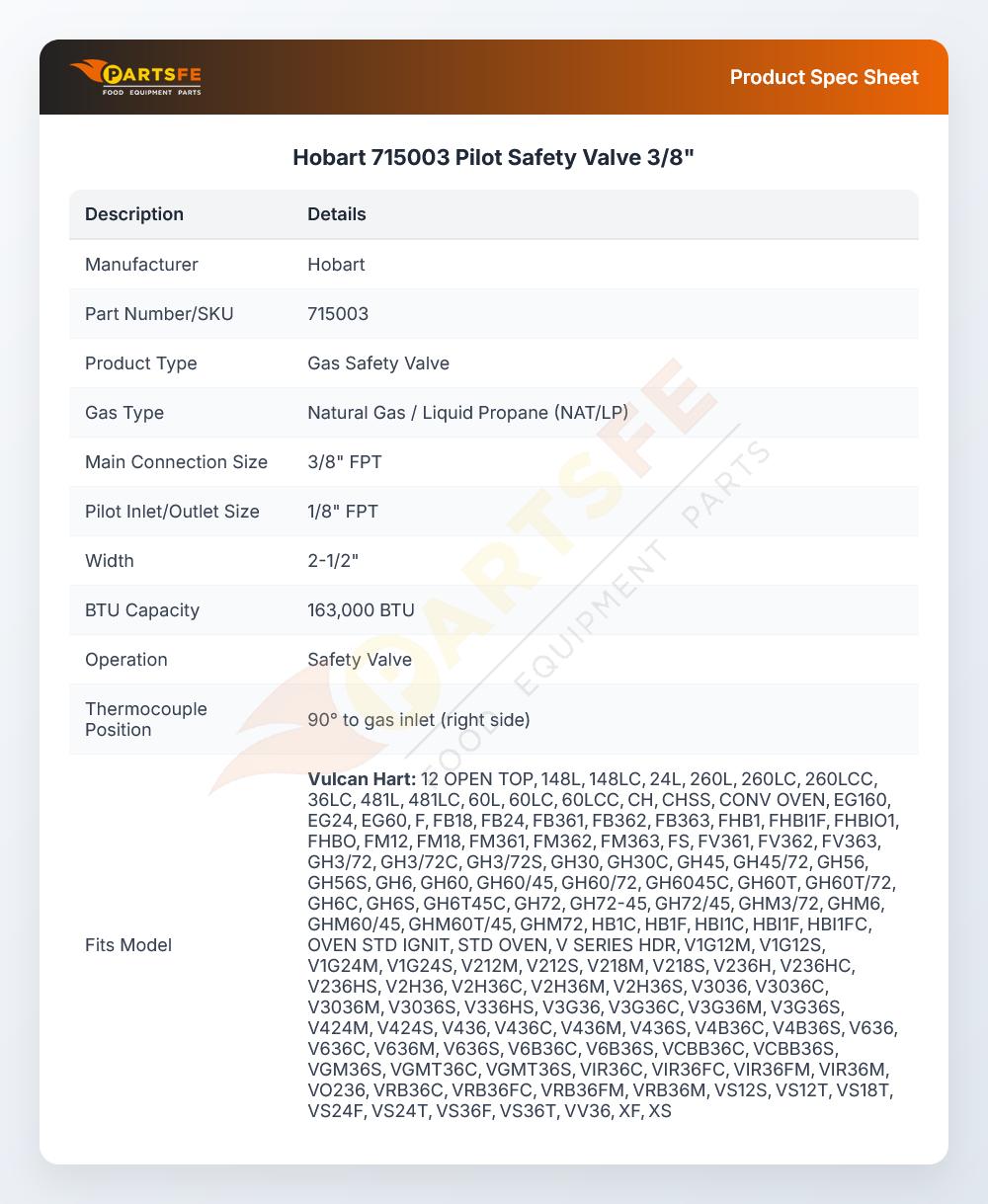 Hobart 715003 Pilot Safety Valve 3/8"