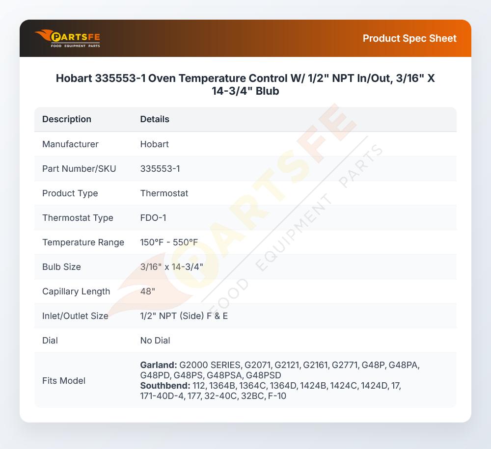 Hobart 335553-1 Oven Temperature Control W/ 1/2" NPT In/Out, 3/16" X 14-3/4" Blub