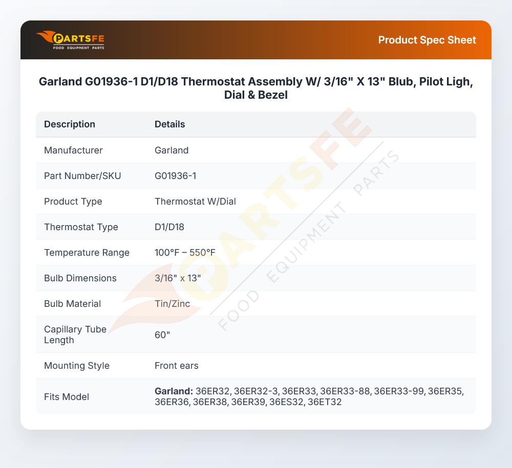 Garland G01936-1 D1/D18 Thermostat Assembly W/ 3/16" X 13" Blub, Pilot Ligh, Dial & Bezel