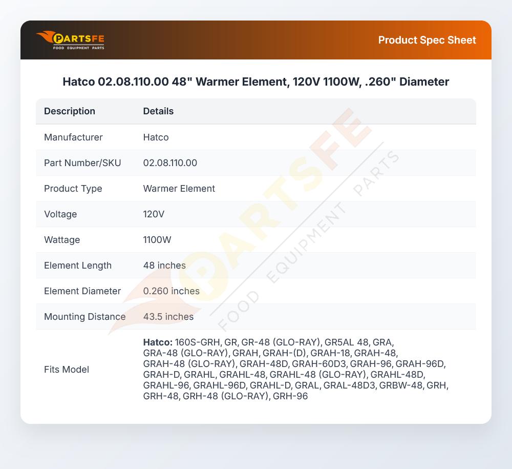 Hatco 02.08.110.00 48" Warmer Element, 120V 1100W, .260" Diameter