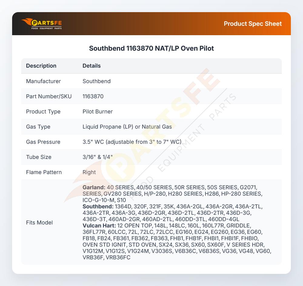 Southbend 1163870 Oven Pilot Burner Natural/LP