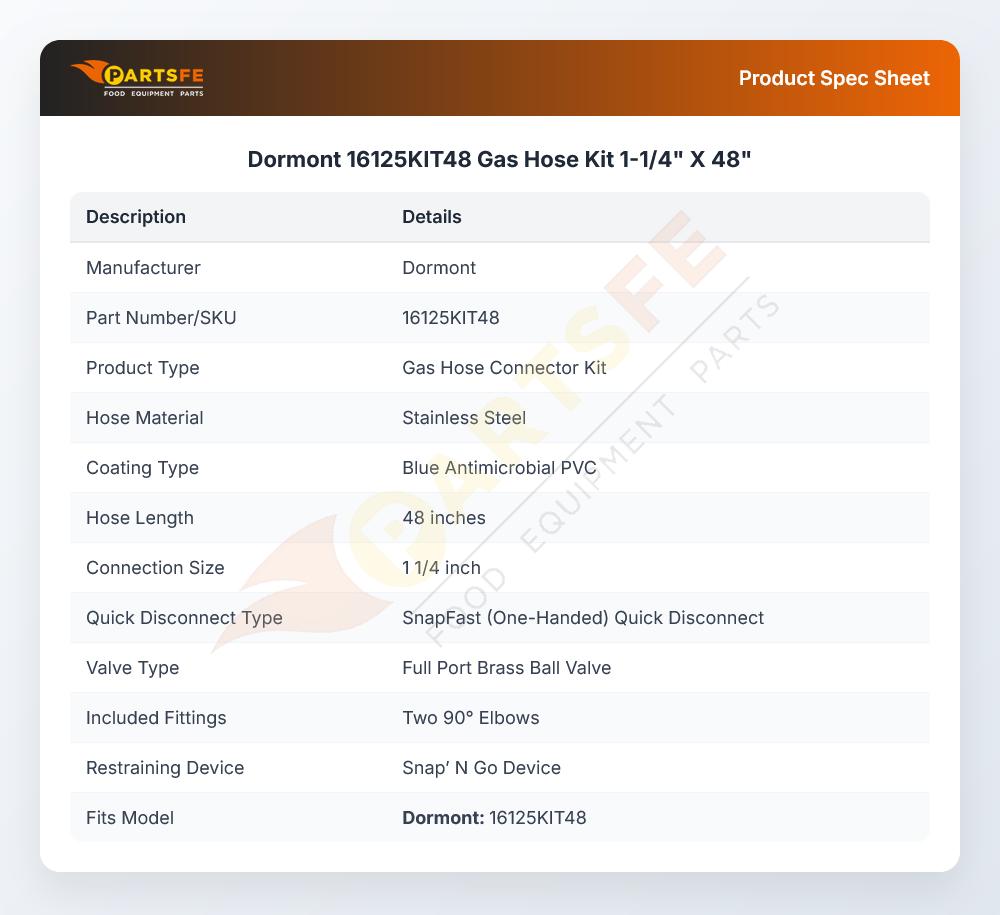 Dormont 16125KIT48 Gas Hose Kit 1-1/4" X 48"