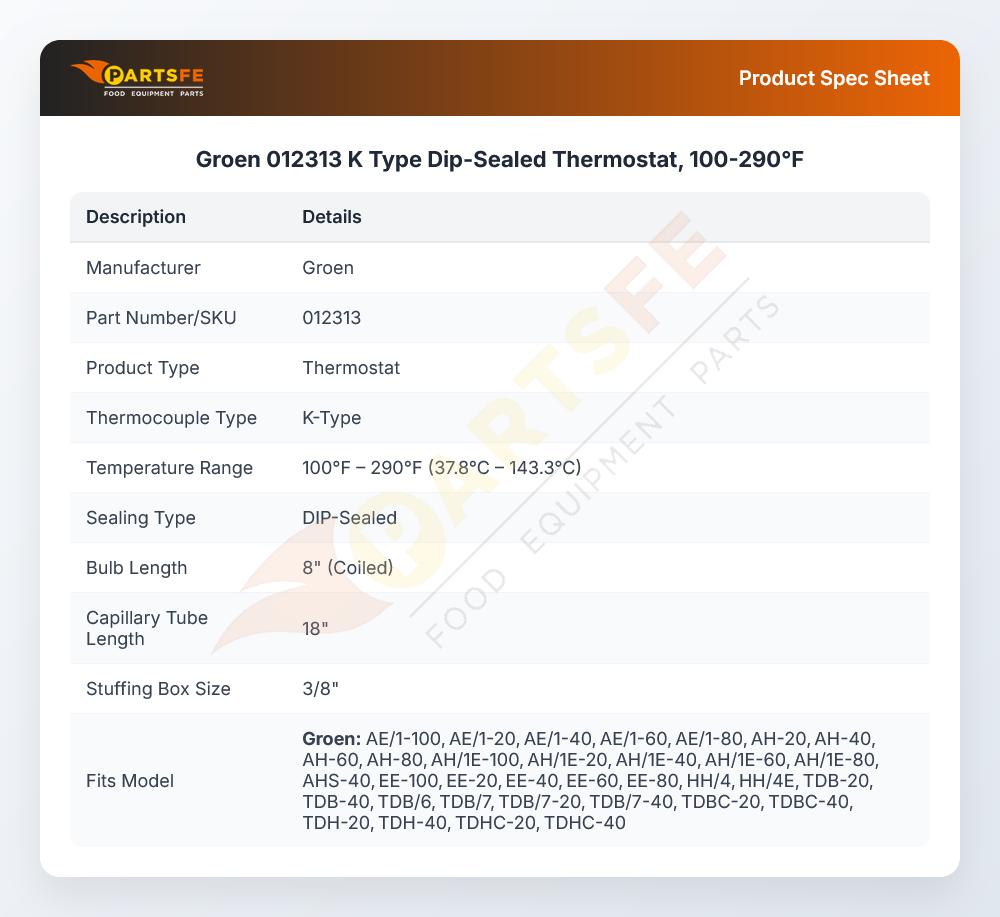 Groen 012313 K Type Dip-Sealed Thermostat, 100-290&deg;F