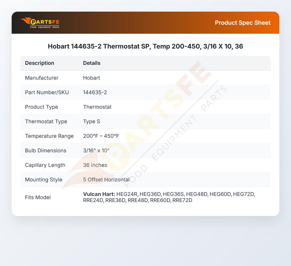 Hobart 144635-2 Thermostat SP, Temp 200-450,  3/16 X 10, 36