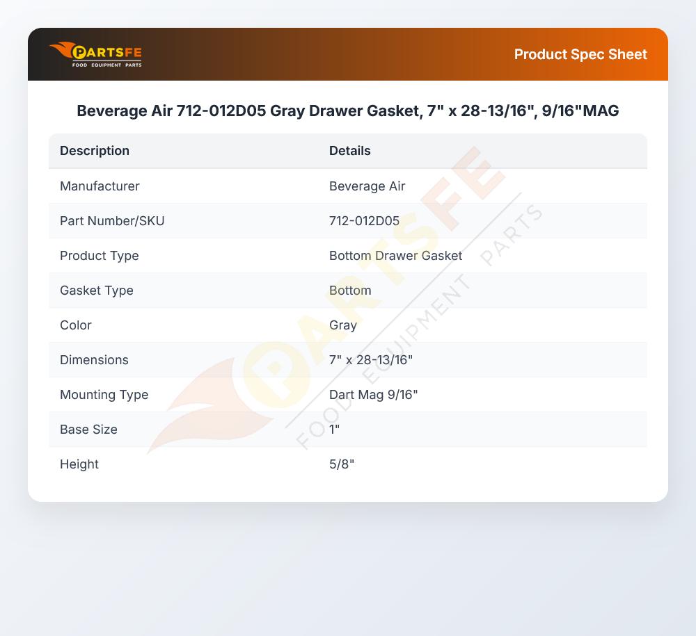 Beverage Air 712-012D05 Drawer Gasket Gray 7" X 28-13/16"