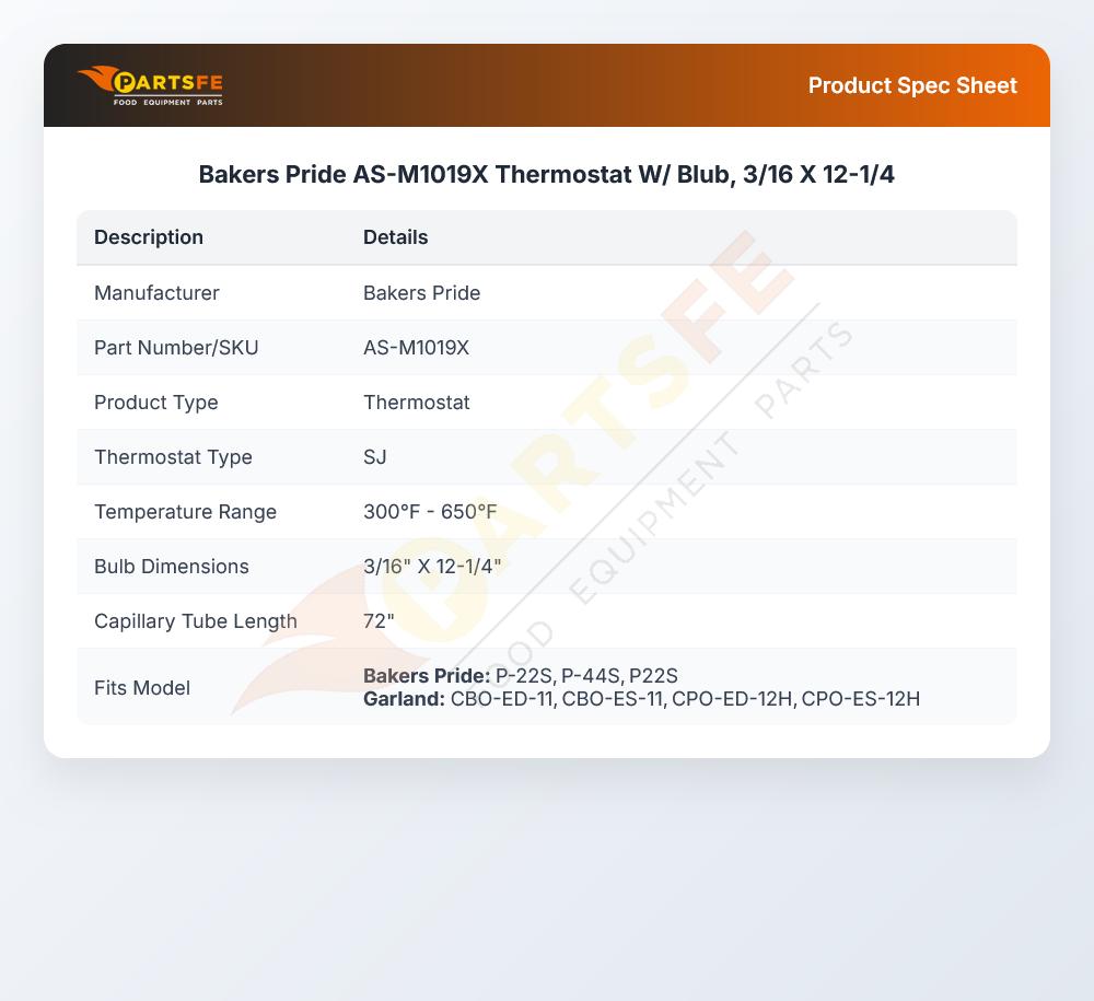 Bakers Pride AS-M1019X Thermostat SJ 3/16" X 12-1/4" 72" CAP
