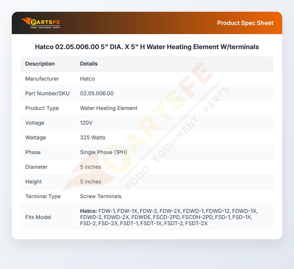 Hatco 02.05.006.00 5" DIA. X 5" H Water Heating Element W/terminals