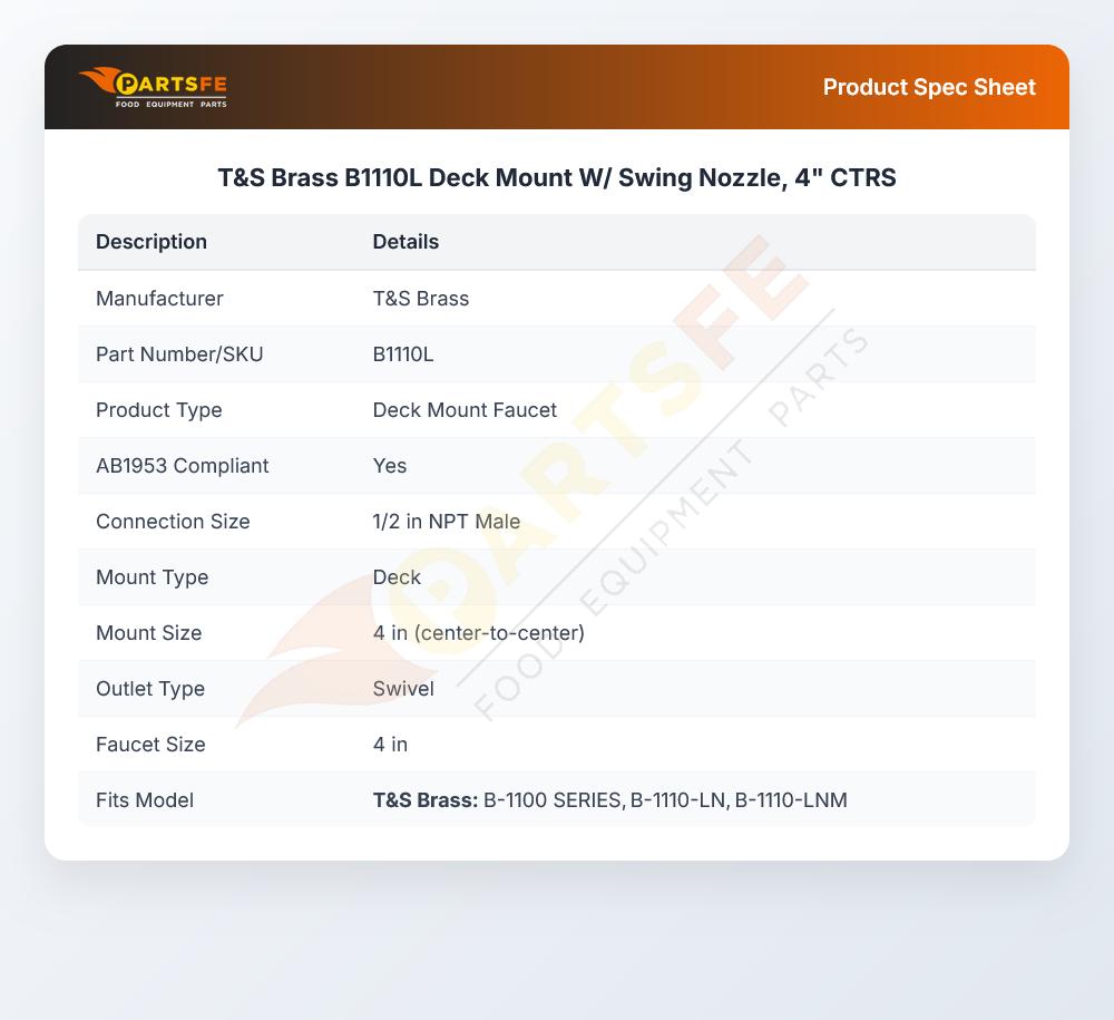 T&S Brass B1110L Deck Mount W/ Swing Nozzle, 4" CTRS