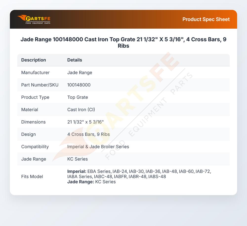 Jade Range 100148000 Cast Iron Top Grate 21 1/32" X 5 3/16", 4 Cross Bars, 9 Ribs