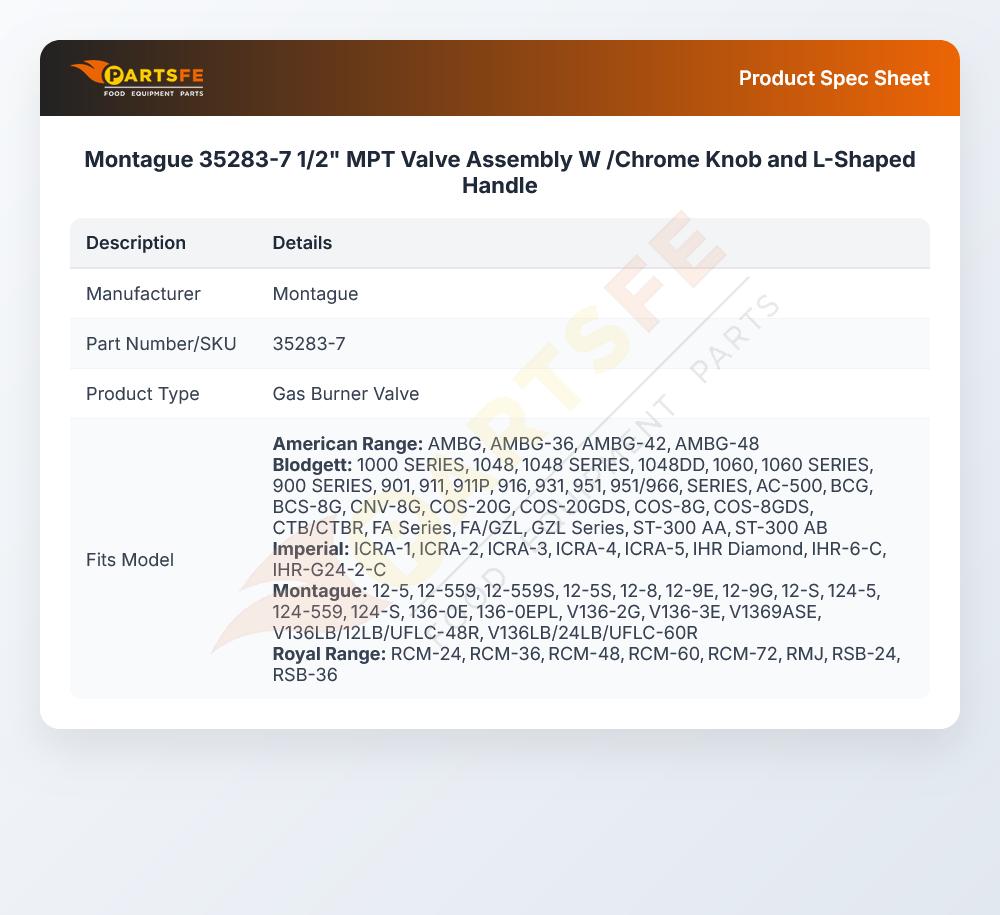 Montague 35283-7 1/2" MPT Valve Assembly W /Chrome Knob and L-Shaped Handle