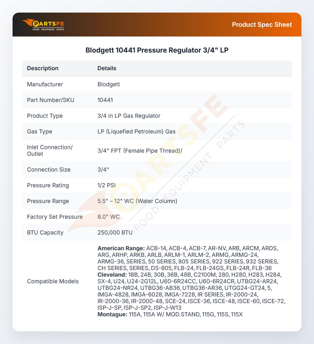 Blodgett 10441 Oven Pressure Regulator 3/4" LP
