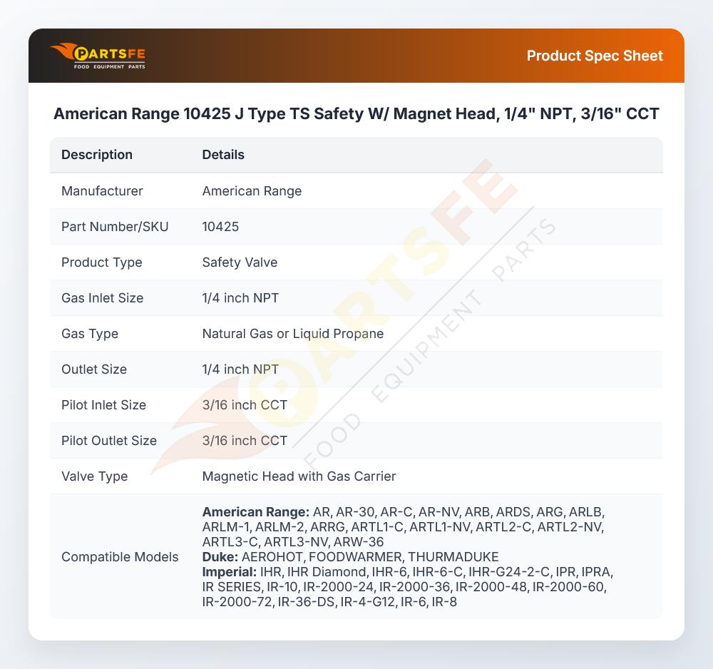 American Range 10425 J Type TS Safety W/  Magnet Head, 1/4" NPT, 3/16" CCT