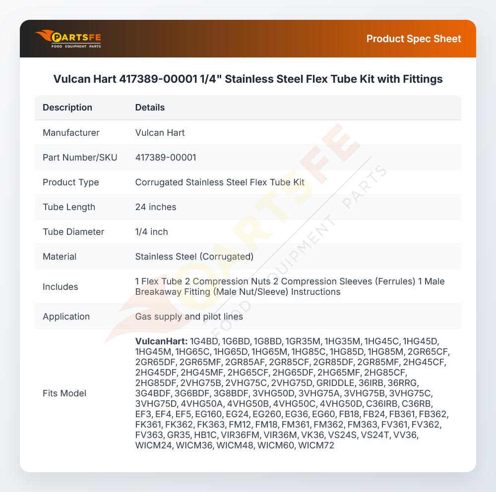 Vulcan Hart 417389-00001 1/4" Stainless Steel Flex Tube Kit with Fittings