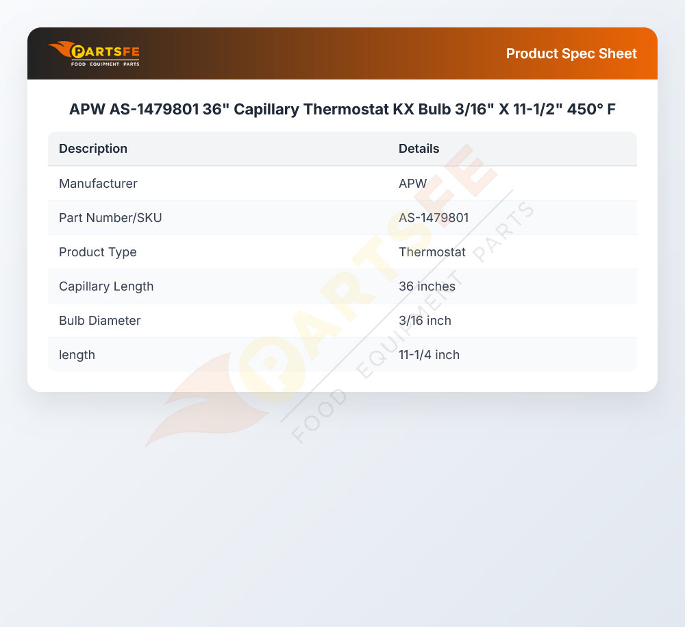 APW AS-1479801 36" Capillary Thermostat KX Bulb 3/16" X 11-1/2" 450&deg; F
