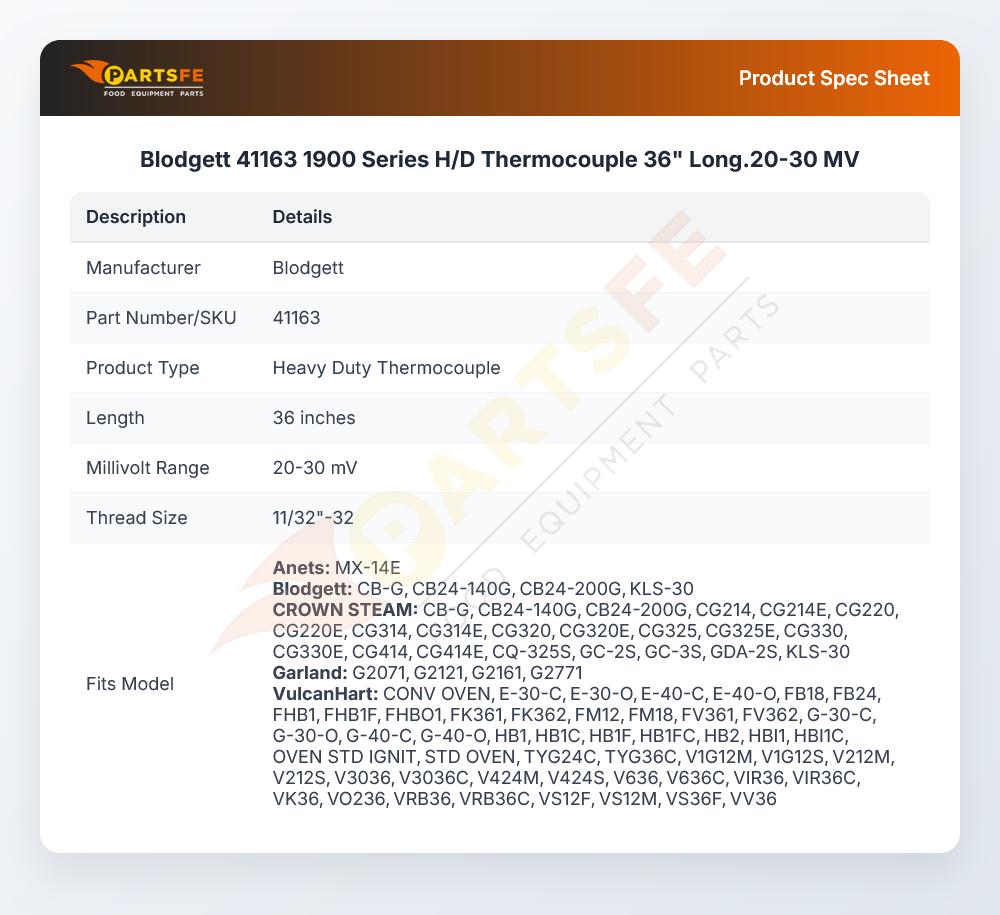 Blodgett 41163 Thermocouple 36" Long Heavy Duty