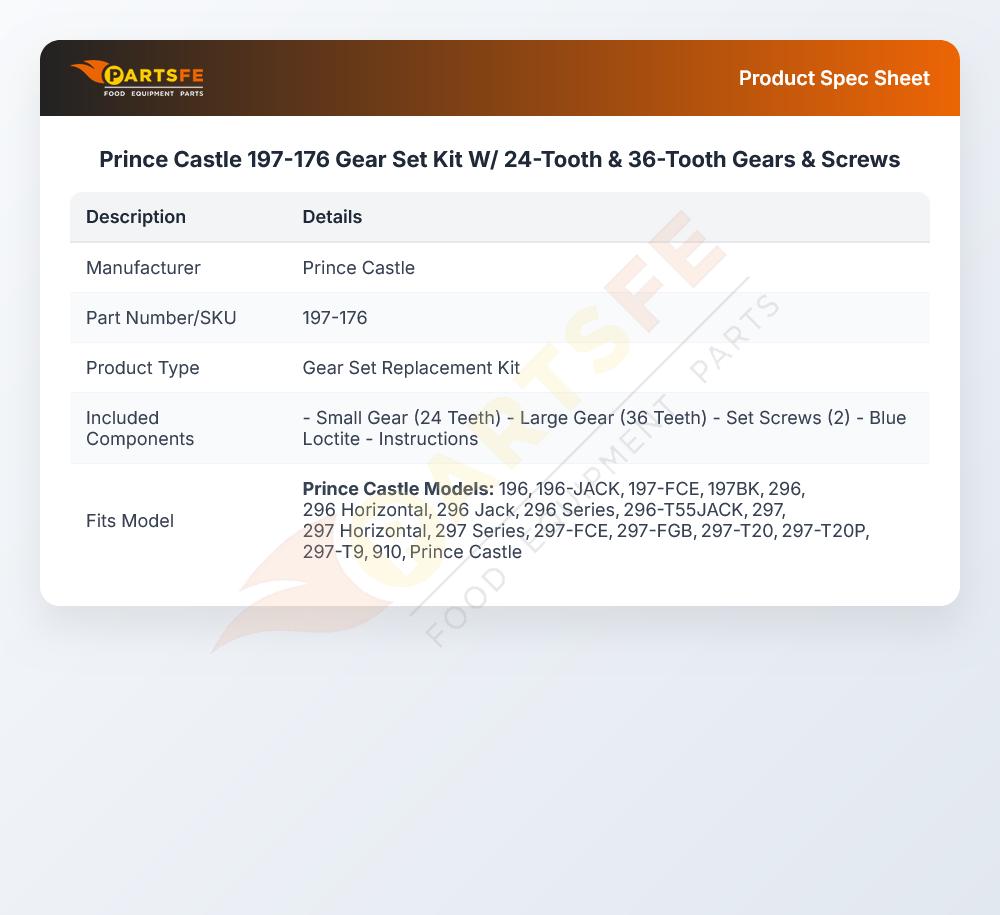 Prince Castle 197-176 Gear Set Kit W/ 24-Tooth & 36-Tooth Gears & Screws