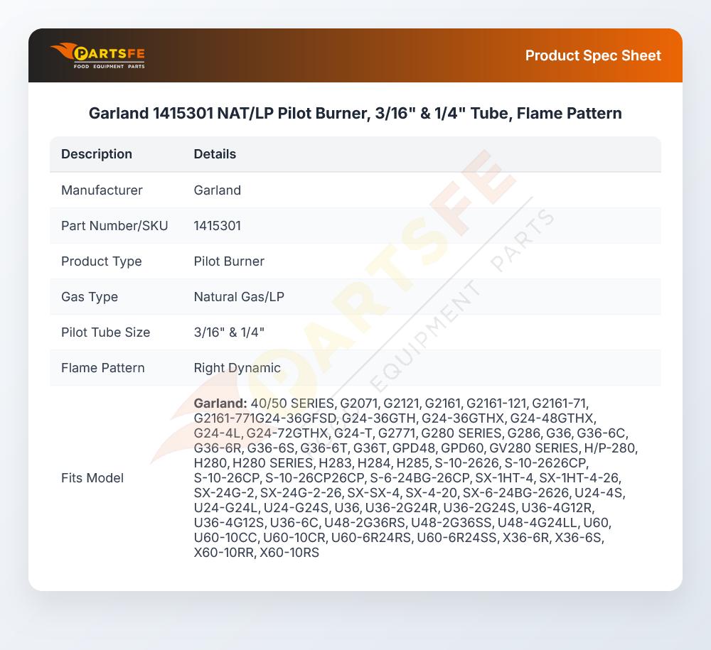 Garland 1415301 Range Pilot Burner NAT/LP 3/16" X 1/4" Tube 2C-2