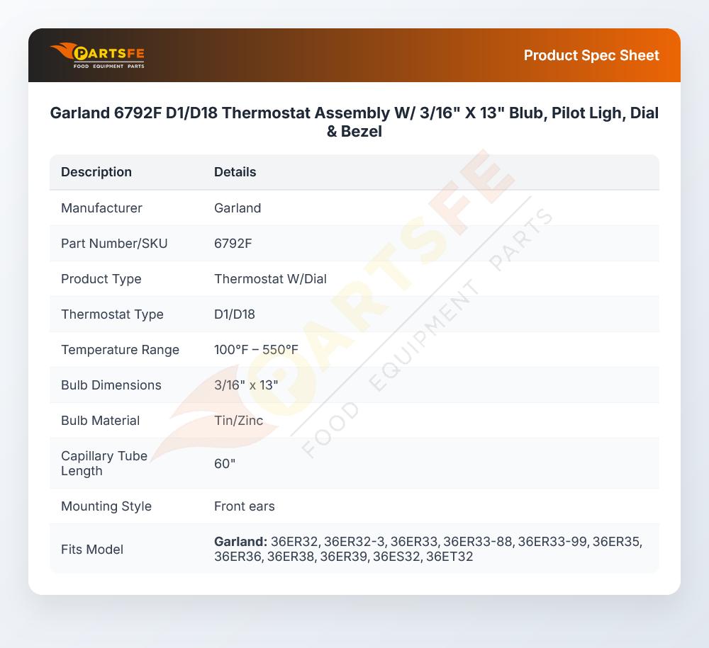 Garland 6792F D1/D18 Thermostat Assembly W/ 3/16" X 13" Blub, Pilot Ligh, Dial & Bezel
