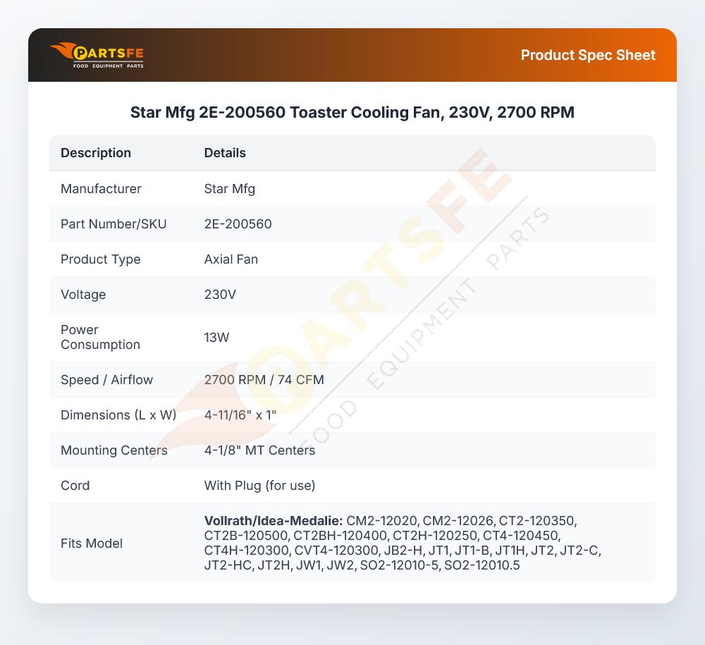 Star Mfg 2E-200560 Toaster Cooling Fan, 230V, 2700 RPM