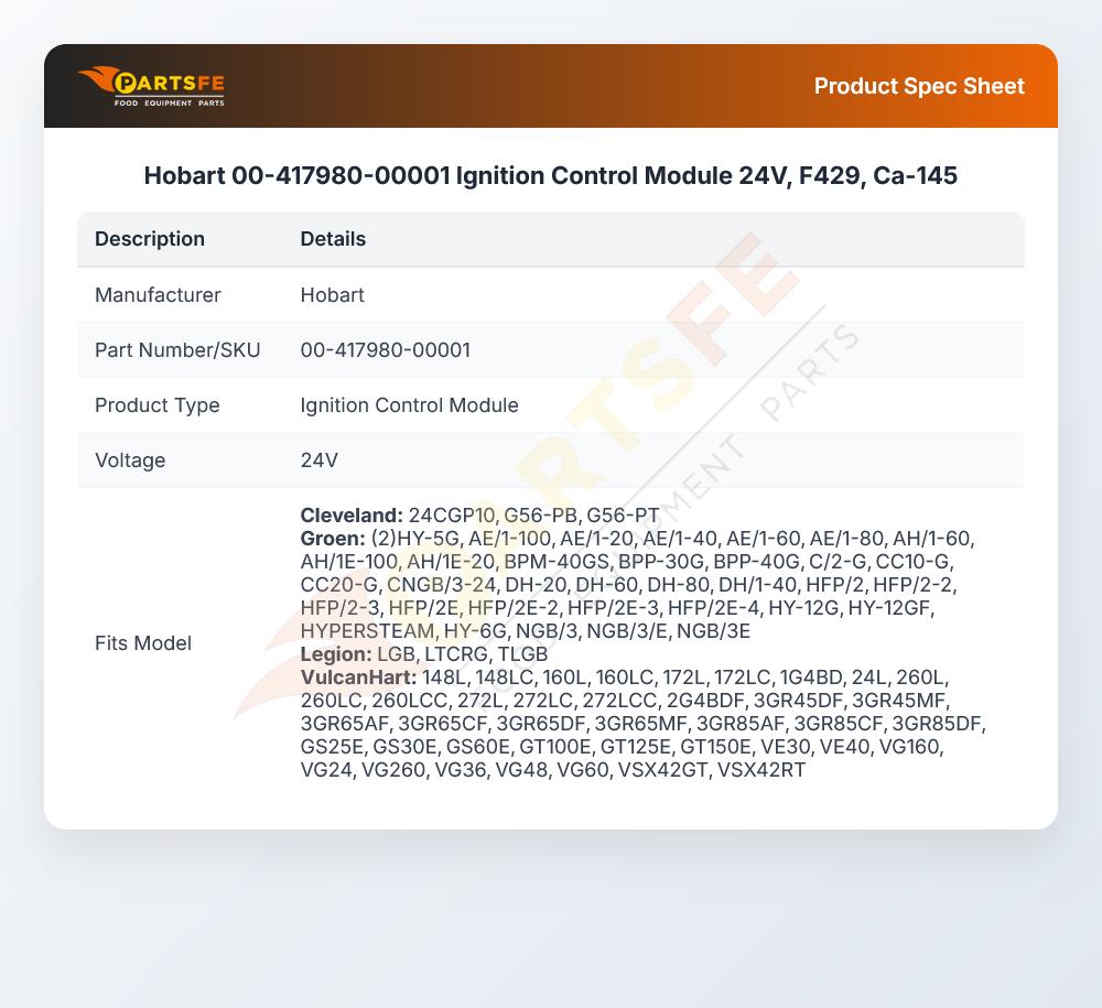 Hobart 00-417980-00001 Ignition Control Module 24V, F429, Ca-145
