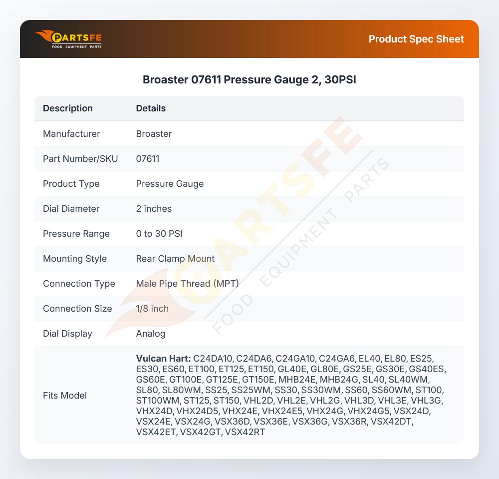 Broaster 07611 Pressure Gauge 2, 30PSI