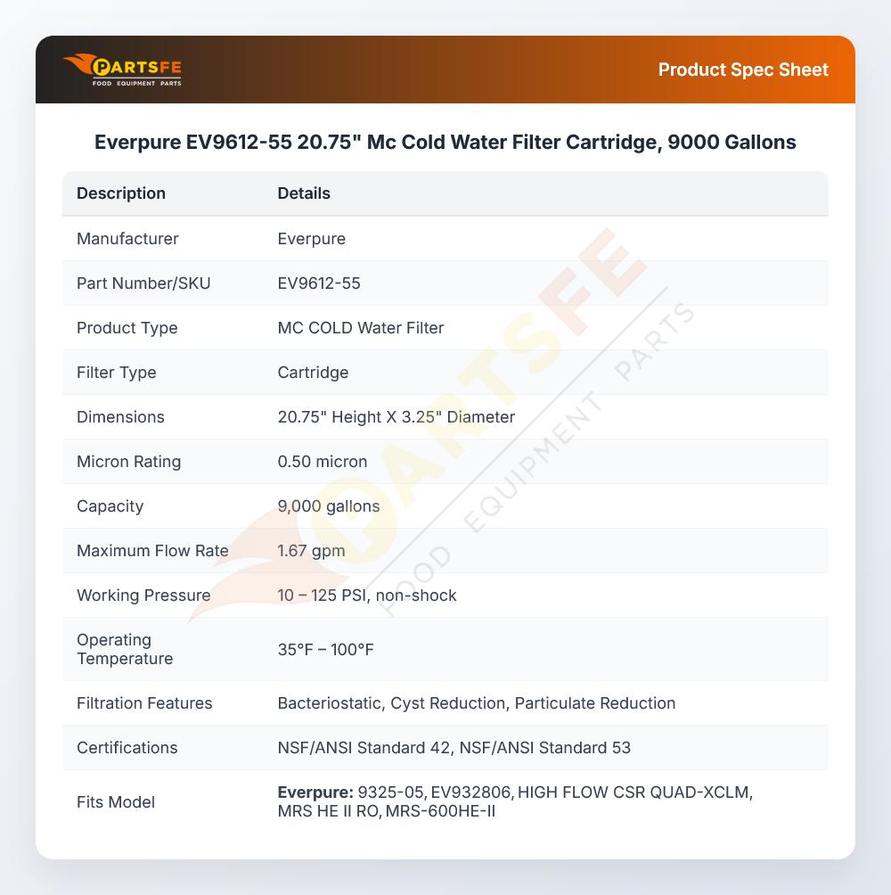 Everpure EV9612-55 20.75" Mc Cold Water Filter Cartridge, 9000 Gallons