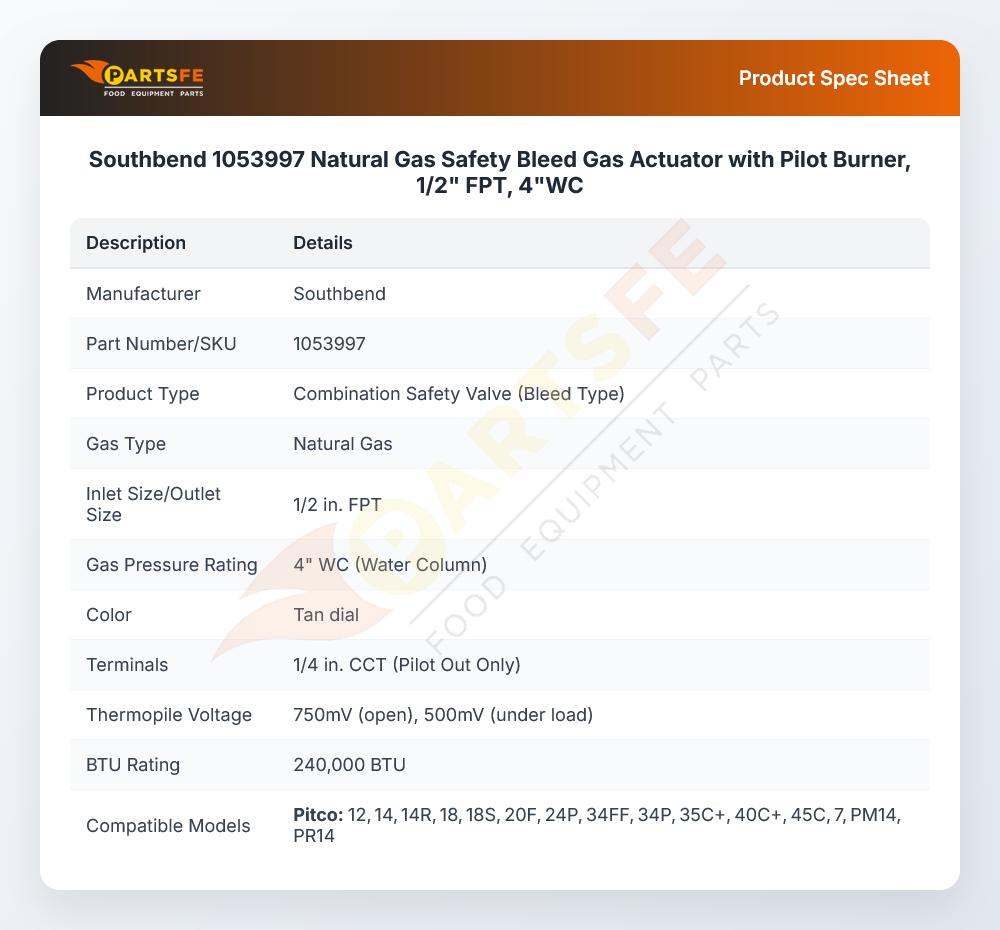 Southbend 1053997 Natural Gas Valve 1/2" FPT 4"WC