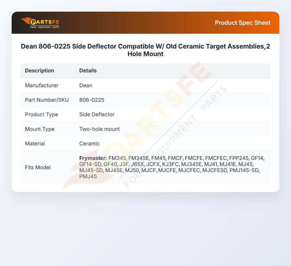 Dean 806-0225 Side Deflector Compatible W/ Old Ceramic Target Assemblies,2 Hole Mount