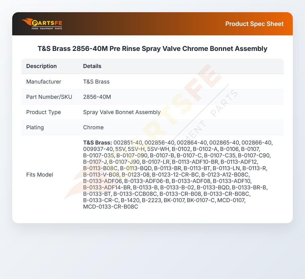 T&S Brass 2856-40M Pre Rinse Spray Valve Chrome Bonnet  Assembly