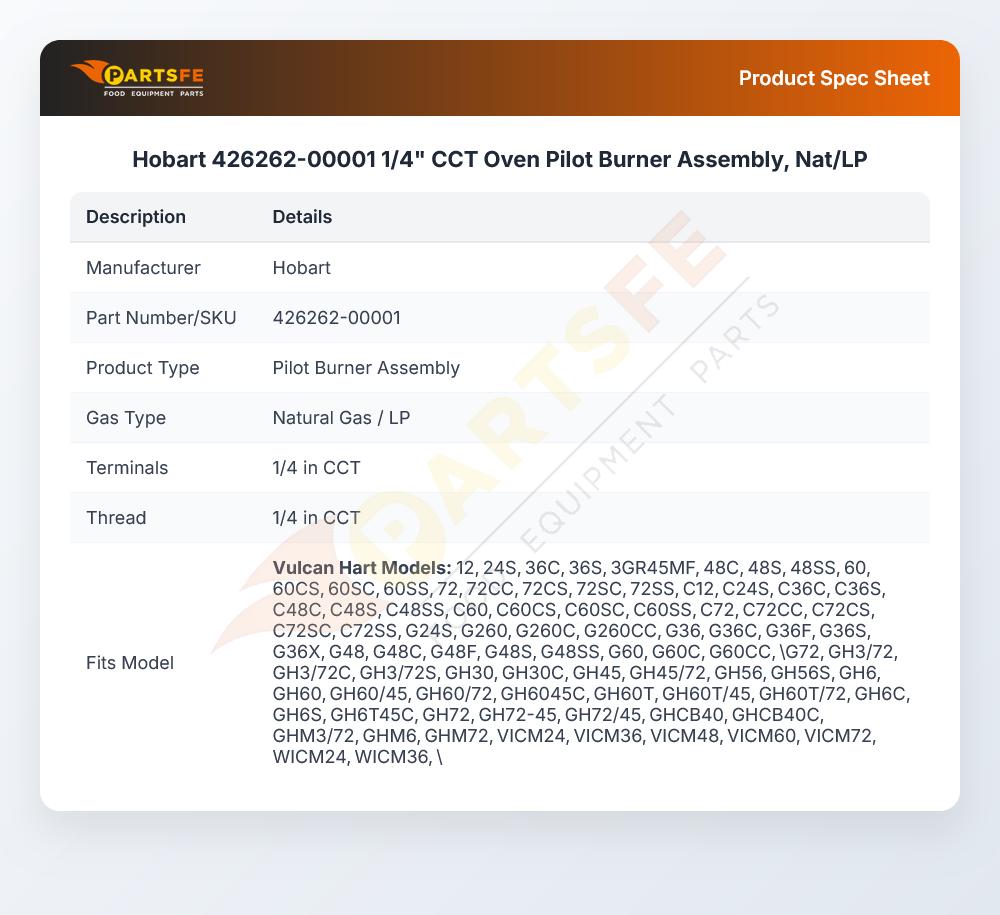 Hobart 426262-00001 1/4" CCT Oven Pilot Burner Assembly, Nat/LP
