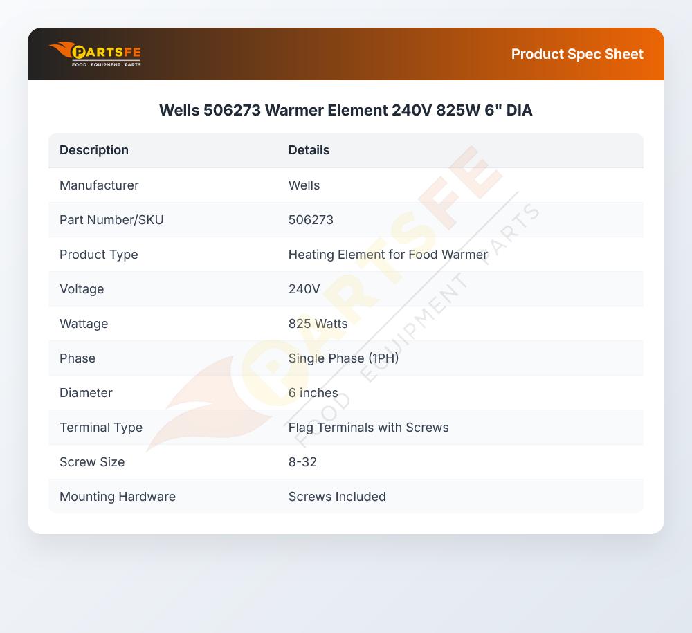 Wells 506273 Warmer Element 240V 825W 6" DIA