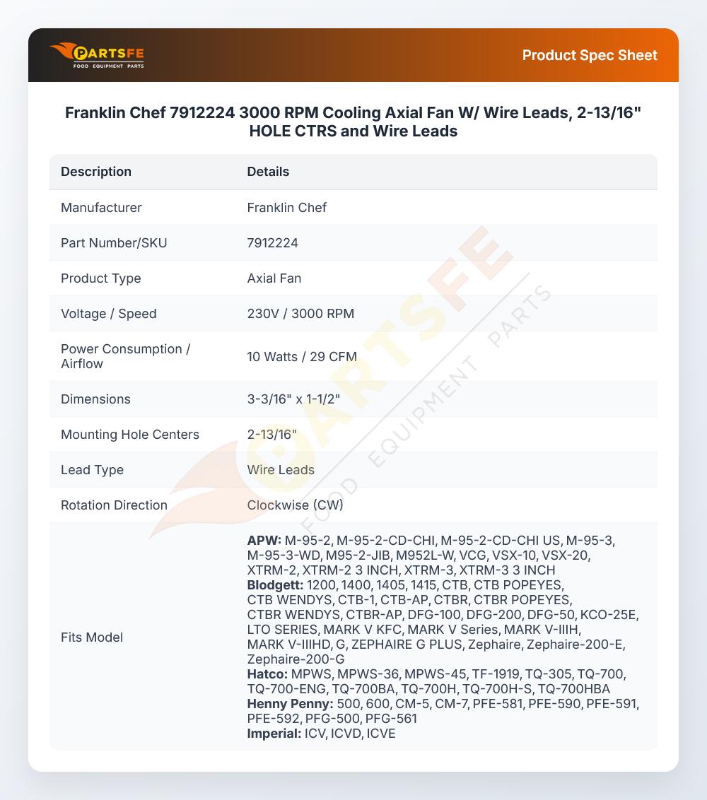 Franklin Chef 7912224 3000 RPM Cooling Axial Fan W/ Wire Leads, 2-13/16" HOLE  CTRS and Wire Leads