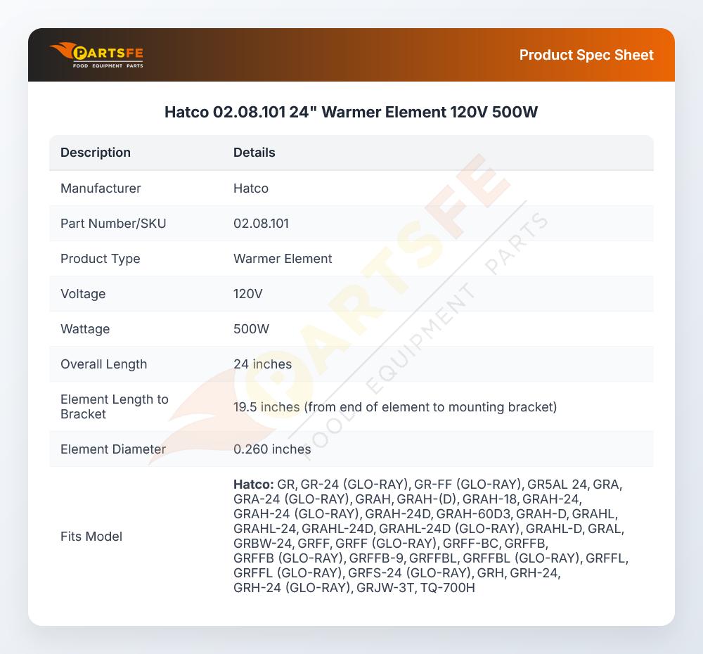 Hatco 02.08.101 24" Warmer Element 120V 500W
