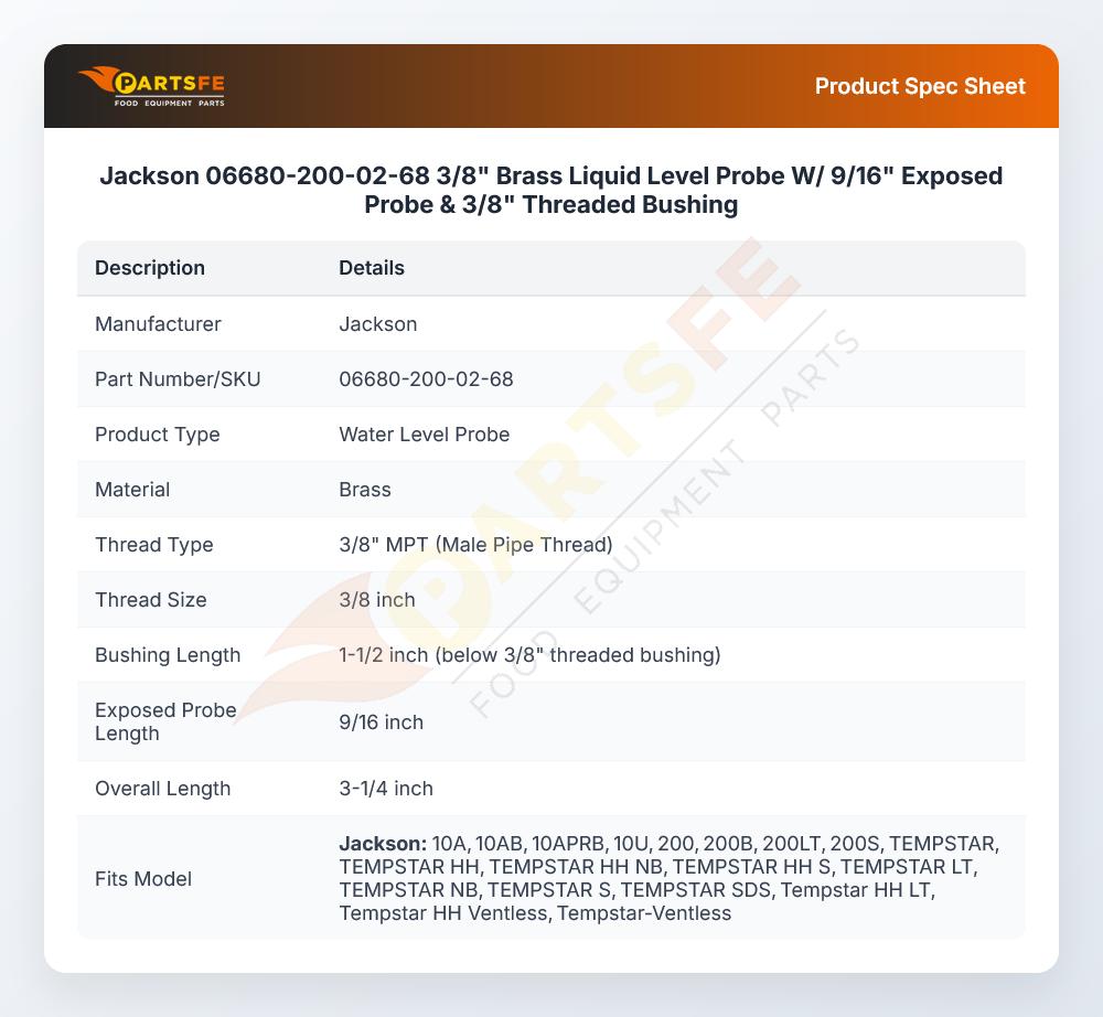 Jackson 06680-200-02-68 3/8" Brass Liquid Level Probe W/ 9/16" Exposed Probe & 3/8" Threaded Bushing