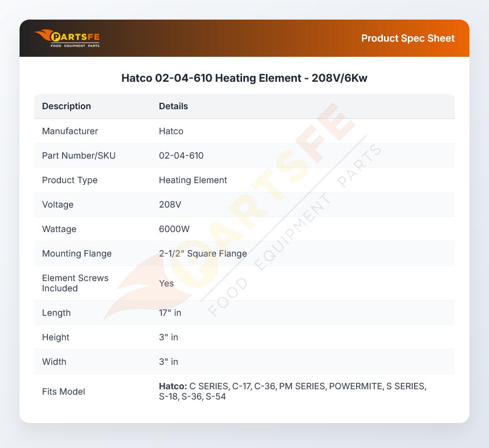 Hatco 02-04-610 Heating Element  - 208V/6Kw