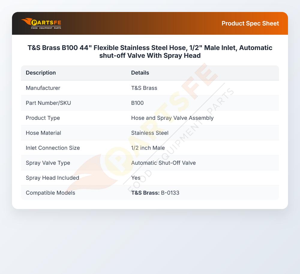 T&S Brass B100 Hose & Spray Valve 1/2" Male Inlet 44"