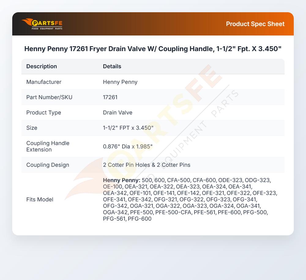 Henny Penny 17261 Fryer Drain Valve W/ Coupling Handle, 1-1/2" Fpt. X 3.450"