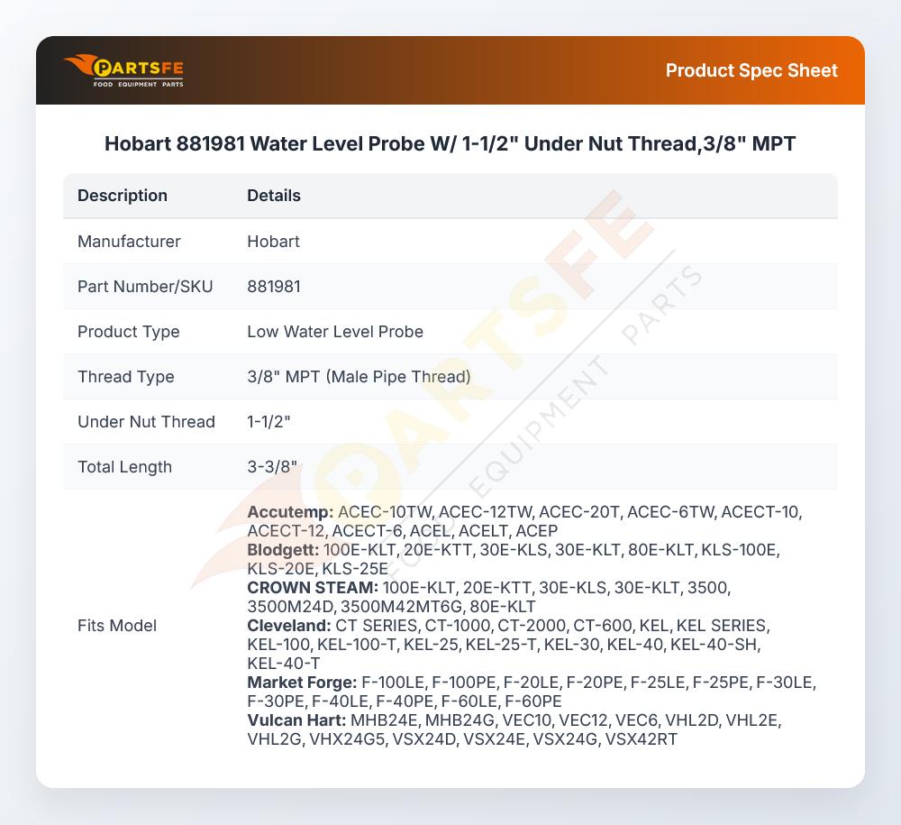 Hobart 881981 Water Level Probe W/ 1-1/2" Under Nut Thread,3/8" MPT