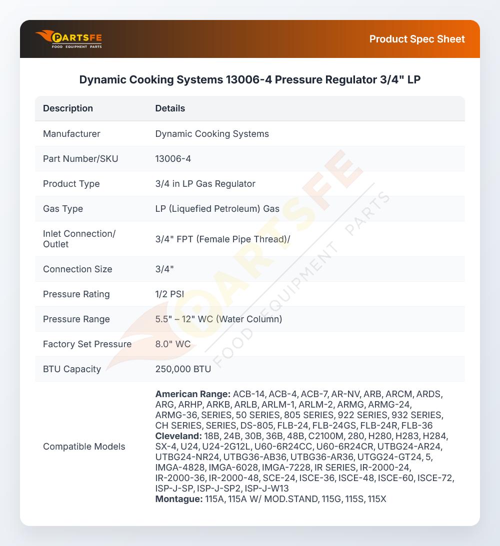 Dynamic Cooking Systems 13006-4 Pressure Regulator 3/4" LP