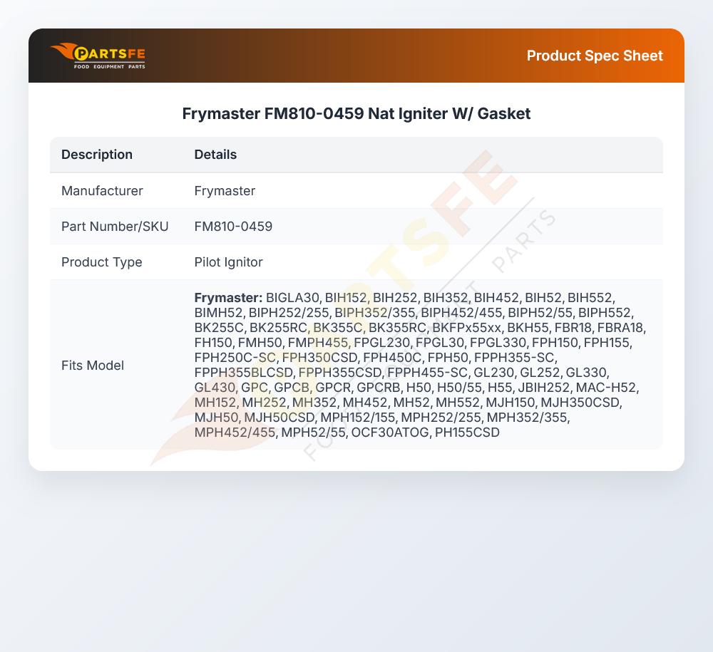 Frymaster FM810-0459 Nat Igniter W/ Gasket