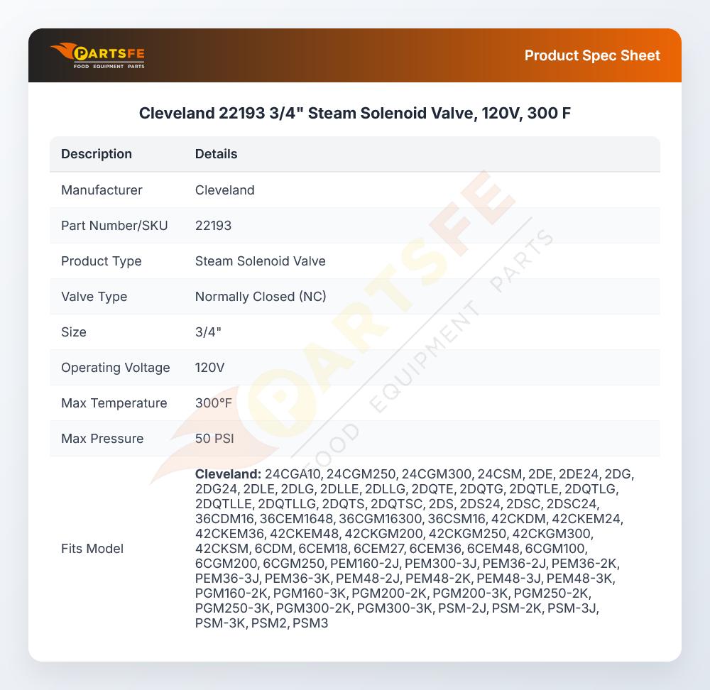 Cleveland 22193 3/4" Steam Solenoid Valve, 120V, 300 F