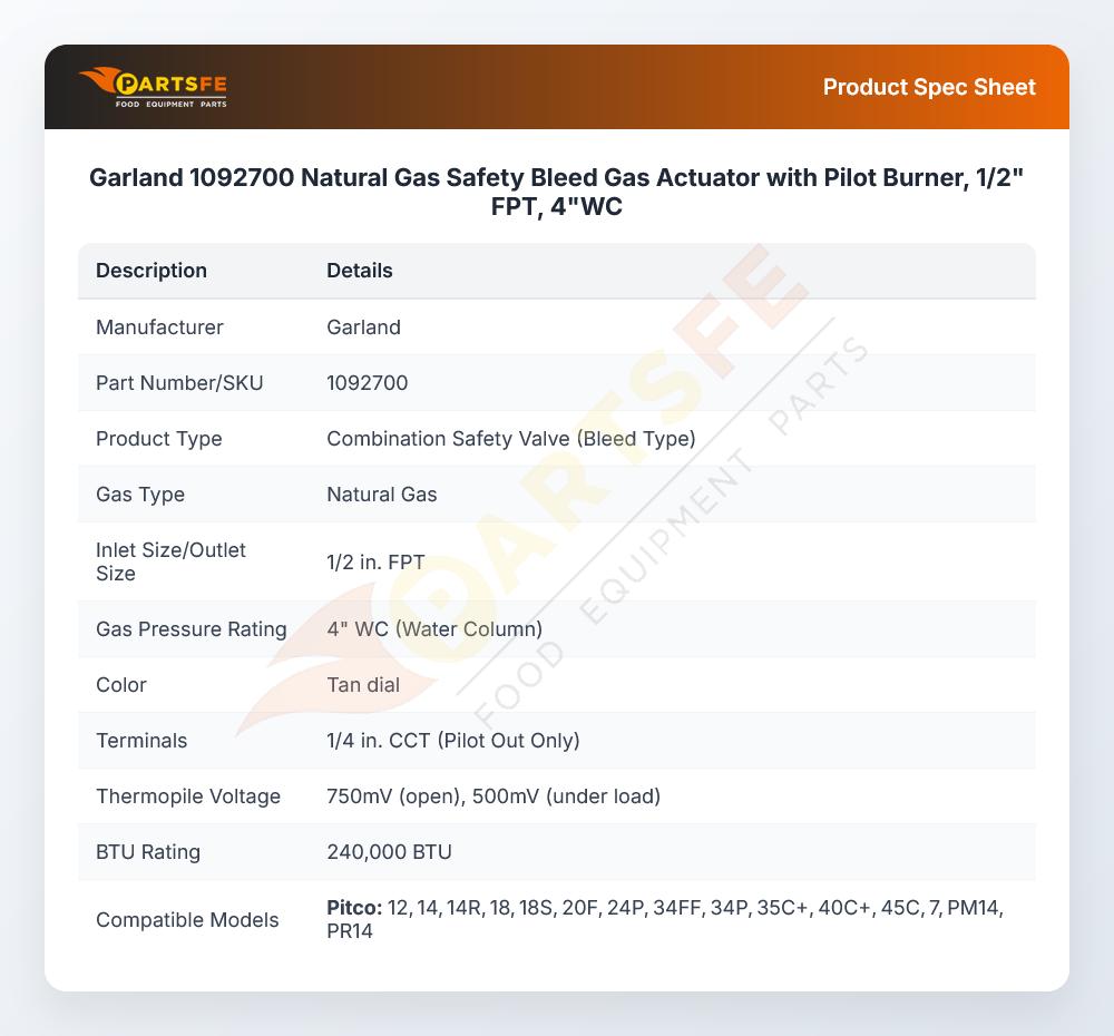 Garland 1092700 Natural Gas Safety Bleed Gas Actuator with Pilot Burner, 1/2" FPT, 4"WC