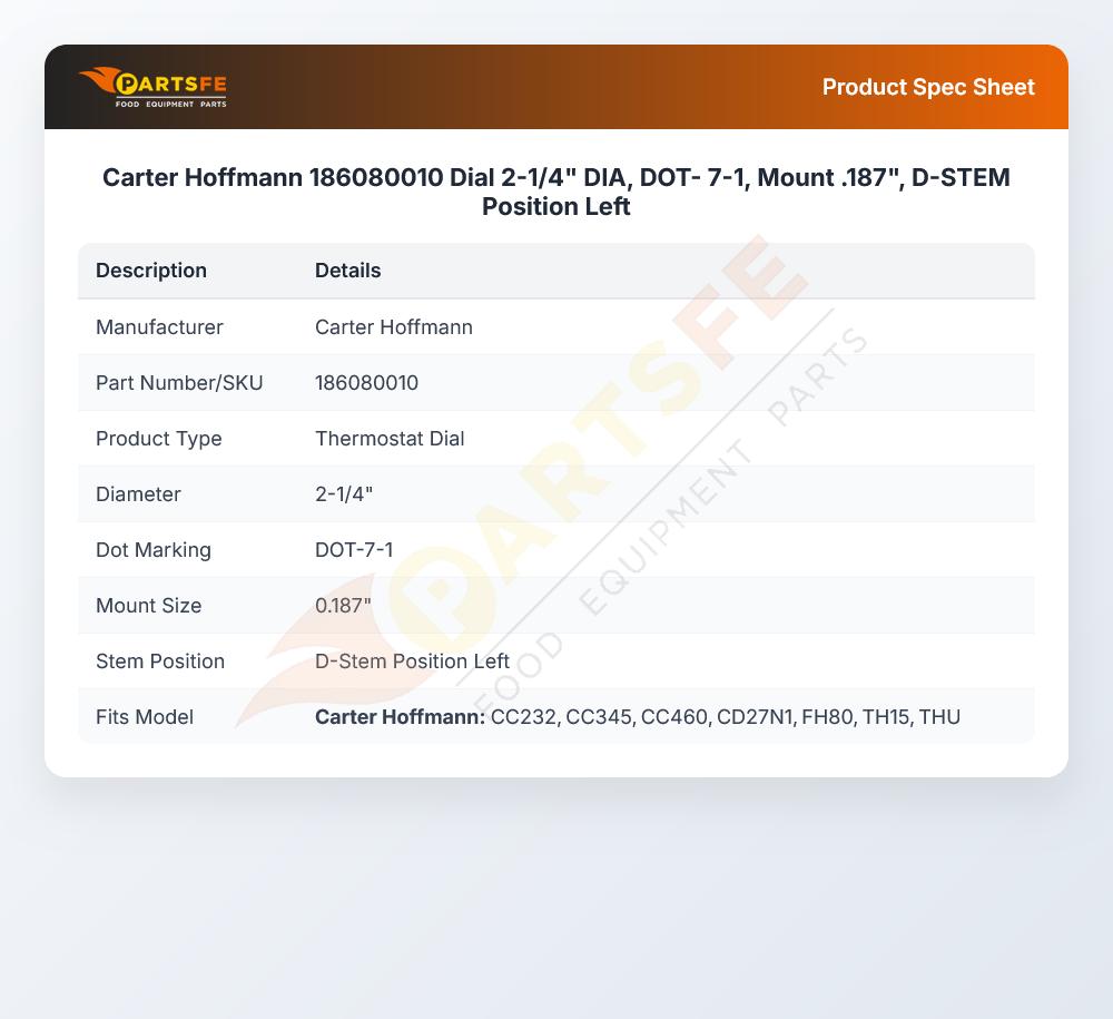 Carter Hoffmann 186080010 Dial 2-1/4" DIA, DOT- 7-1, Mount .187", D-STEM Position Left