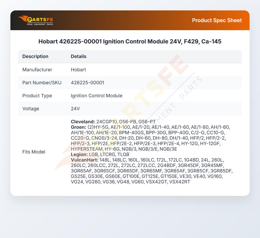 Hobart 426225-00001 Ignition Control Module 24V, F429, Ca-145